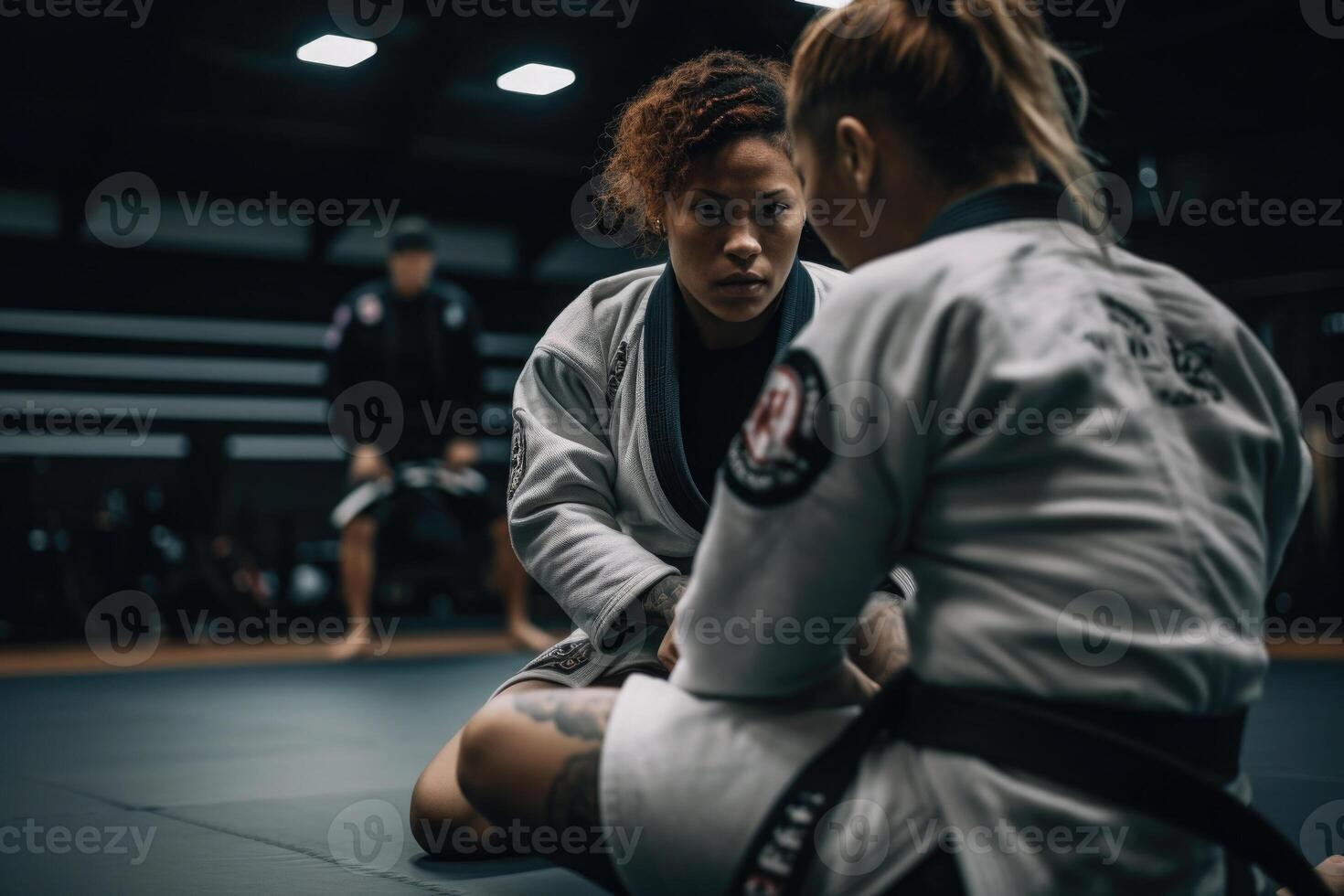 Two brazilian jiu jitsu fighters training on tatami. photo