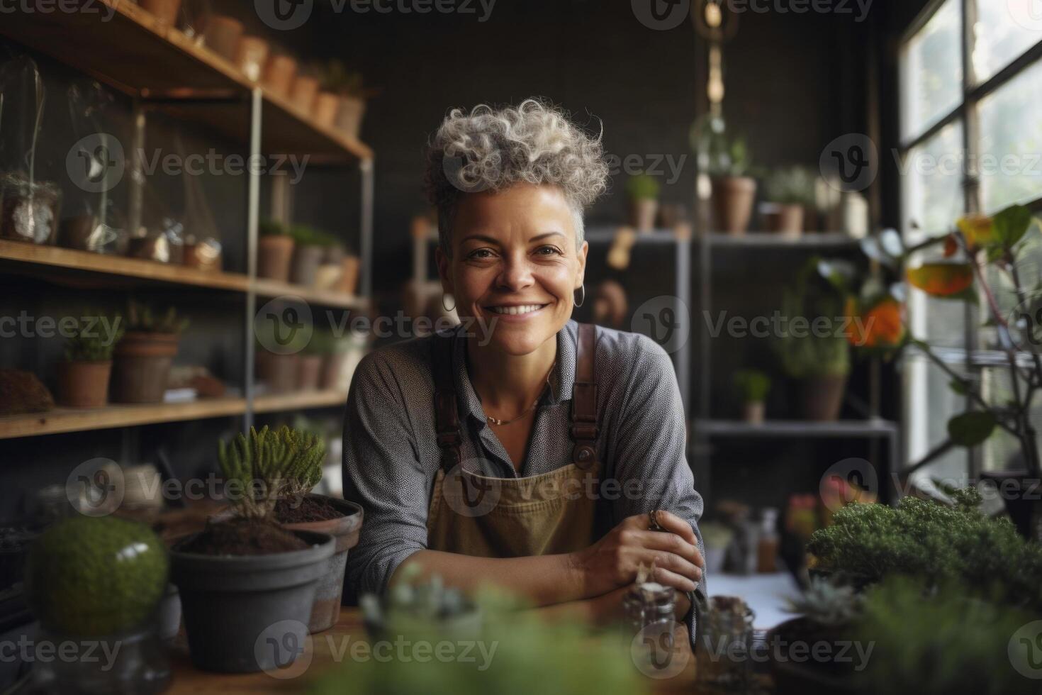 Female small business ower in flower shop interior. photo