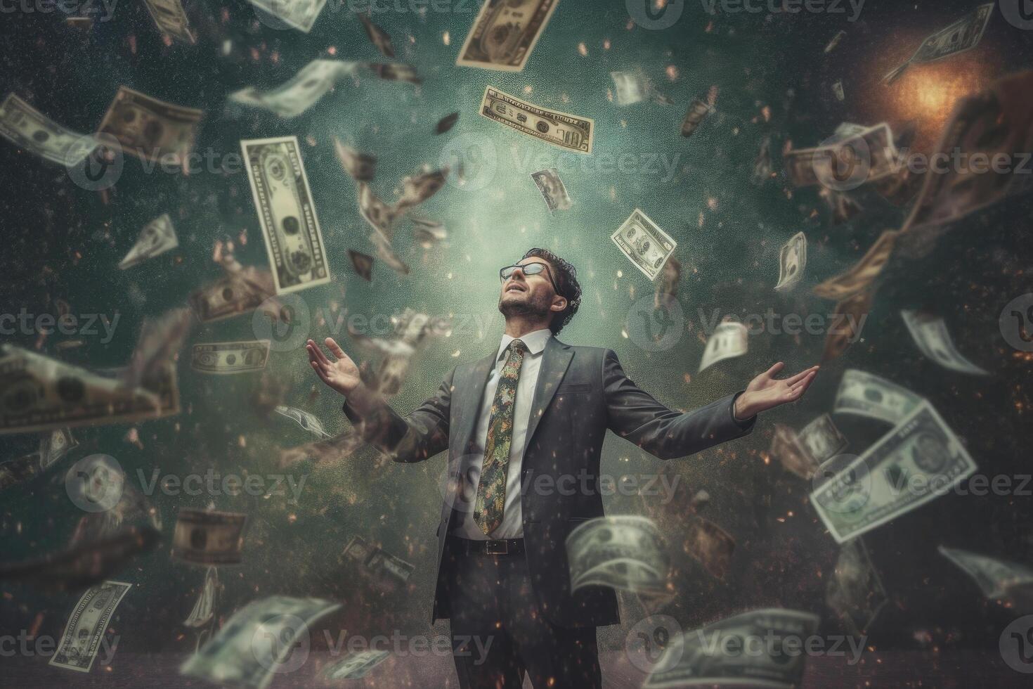 Happy man with a lot of falling dollar banknotes. photo