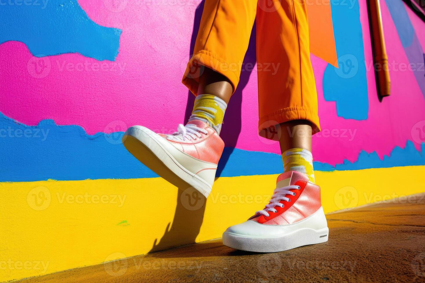 Stylish sneakers on colorful background. Fashion style. photo