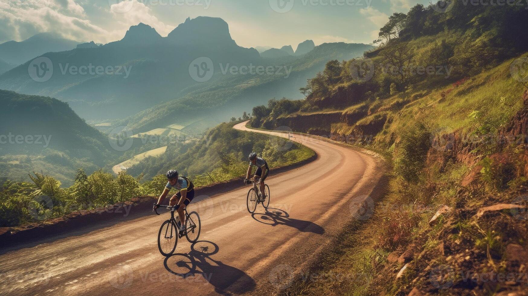 Cyclist riding bike at mountain road. photo