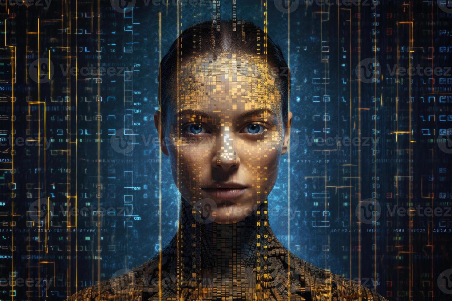 Female face against binary code. Artificial intelligence concept. photo