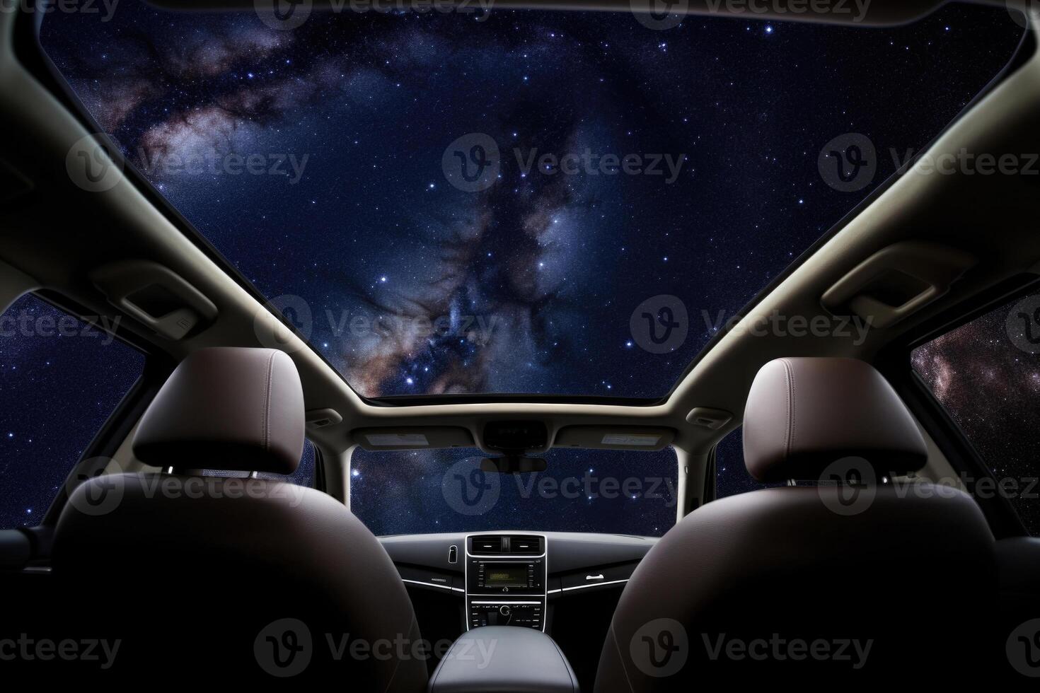Car interior with space galaxy background. photo