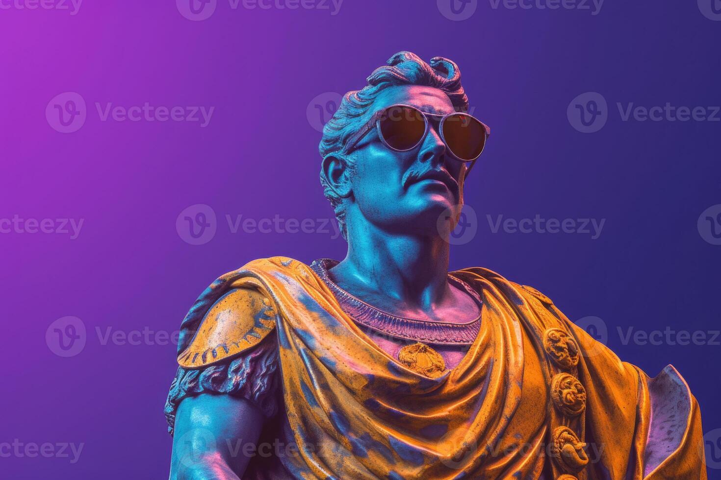 Gypsum statue in sunglasses on colored abstract background. photo