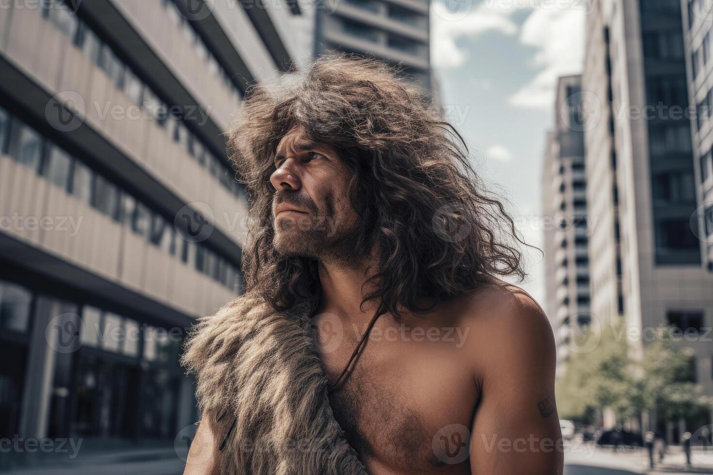 retrato de prehistórico hombre a ciudad calle en presente tiempo. generativo ai foto