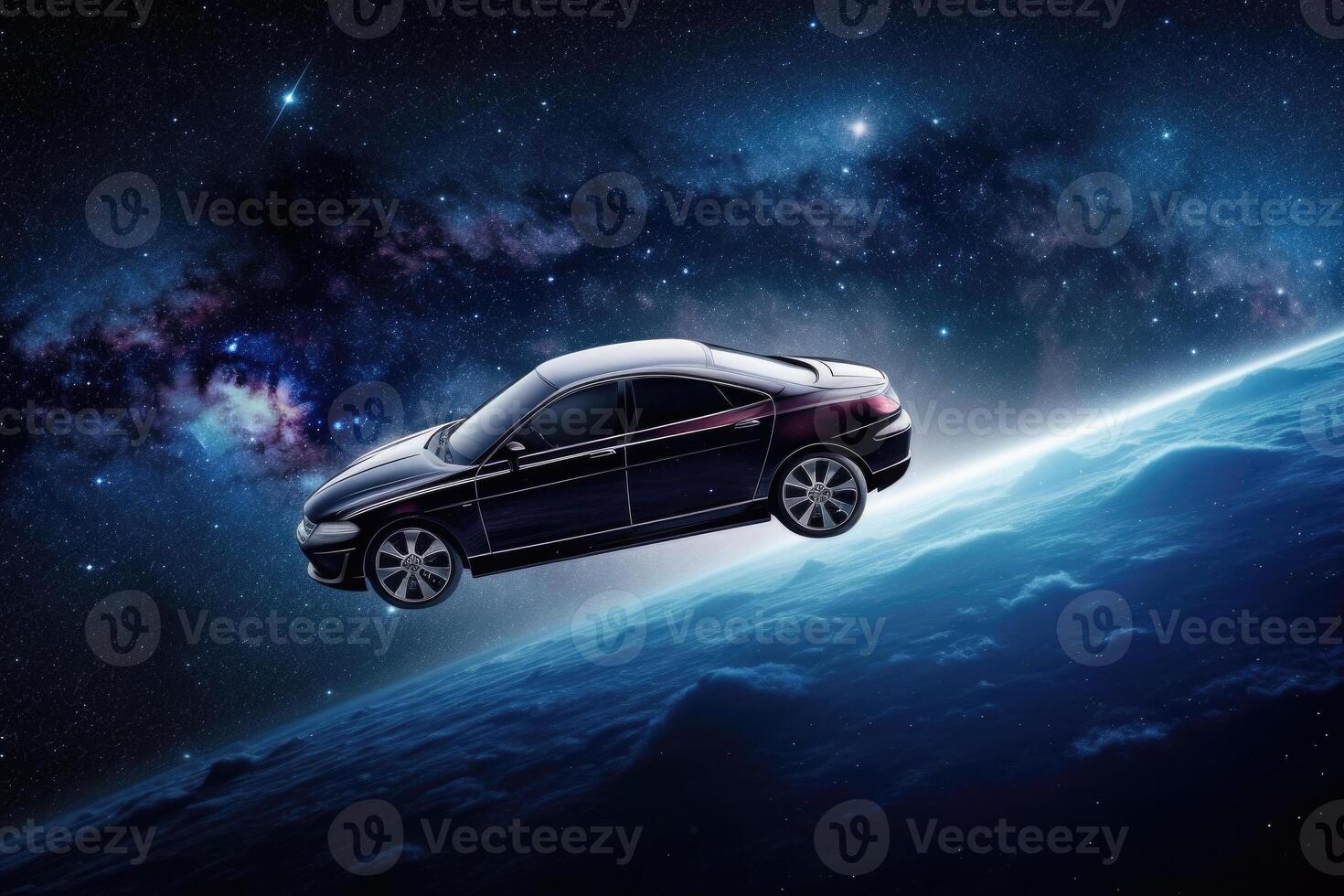 Futuristic retro car in space galaxy background. photo