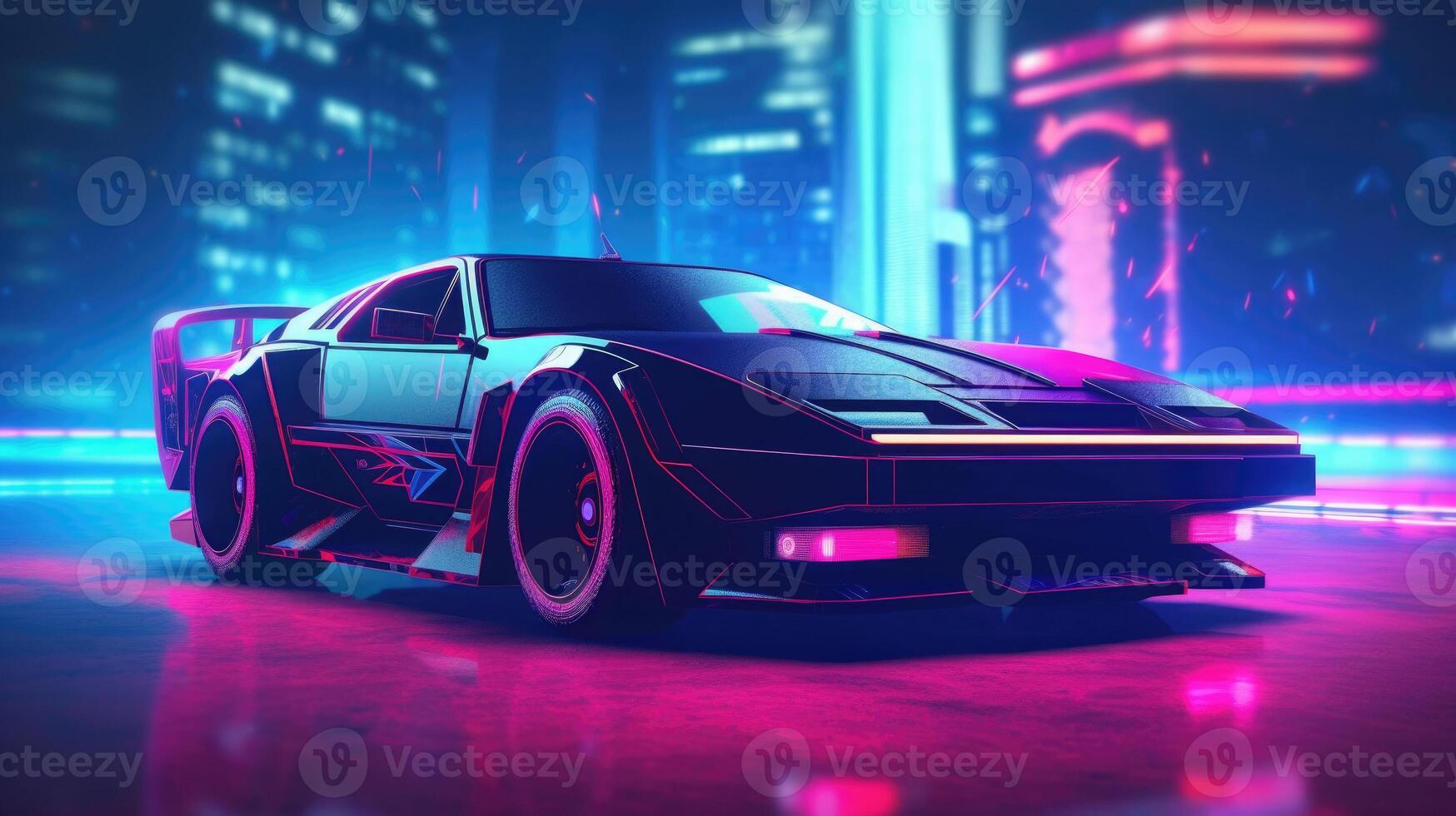 Futuristic sport car with neon lights at cyberpunk city street. photo