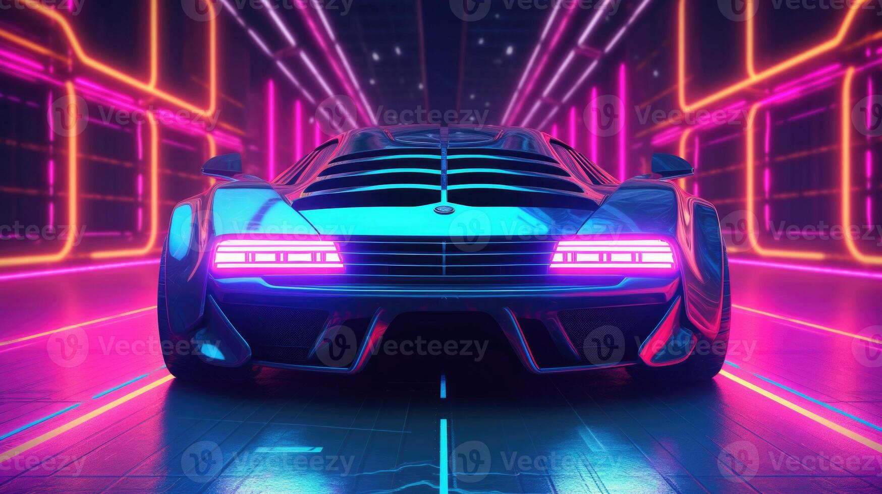 Futuristic sport car with neon lights at cyberpunk city street. photo