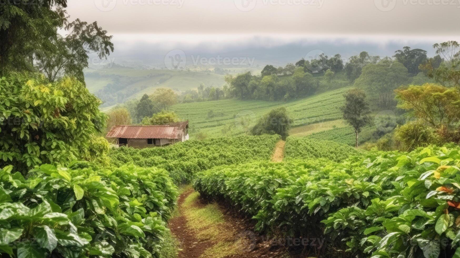 café plantación. paisaje con café arboles generativo ai foto