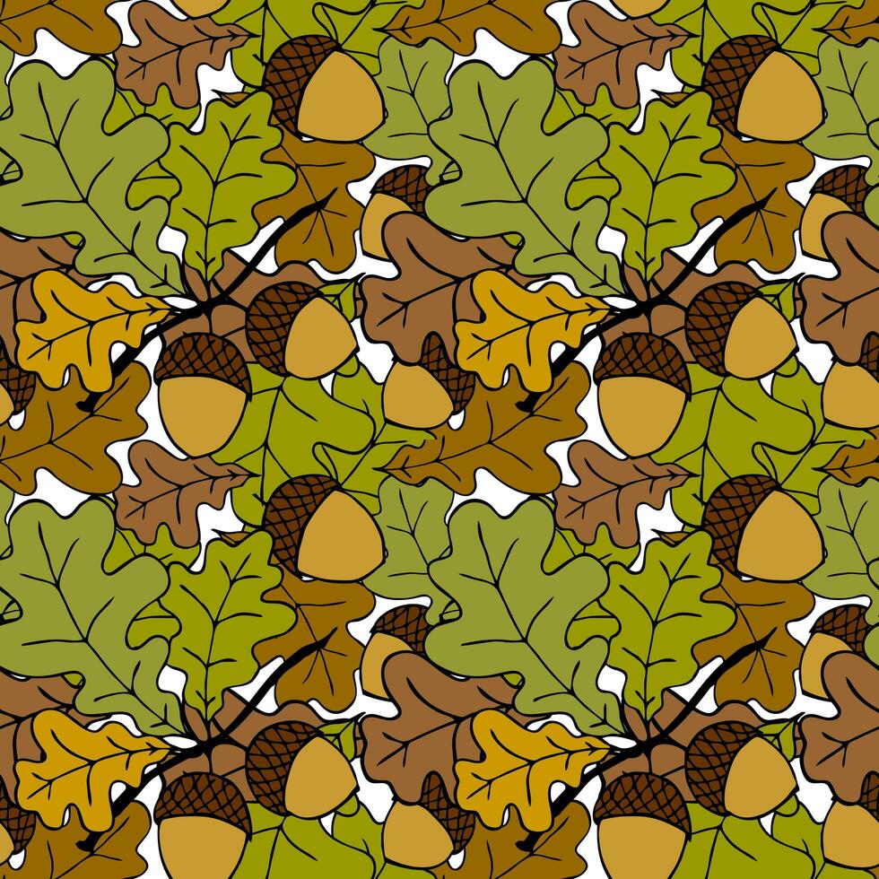 bright autumn seamless pattern of oak leaves and acorns on a white background, texture, design photo