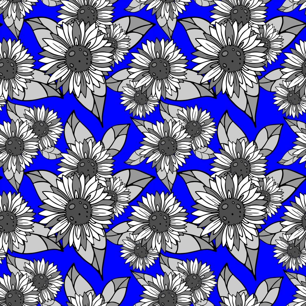 bright seamless pattern of large black and white inflorescences on a blue background, texture, design photo