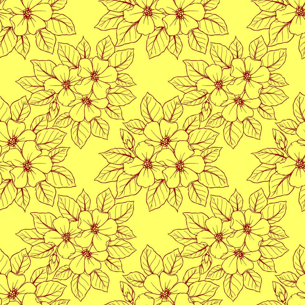 seamless contour pattern of large red flowers on a yellow background, texture, design photo