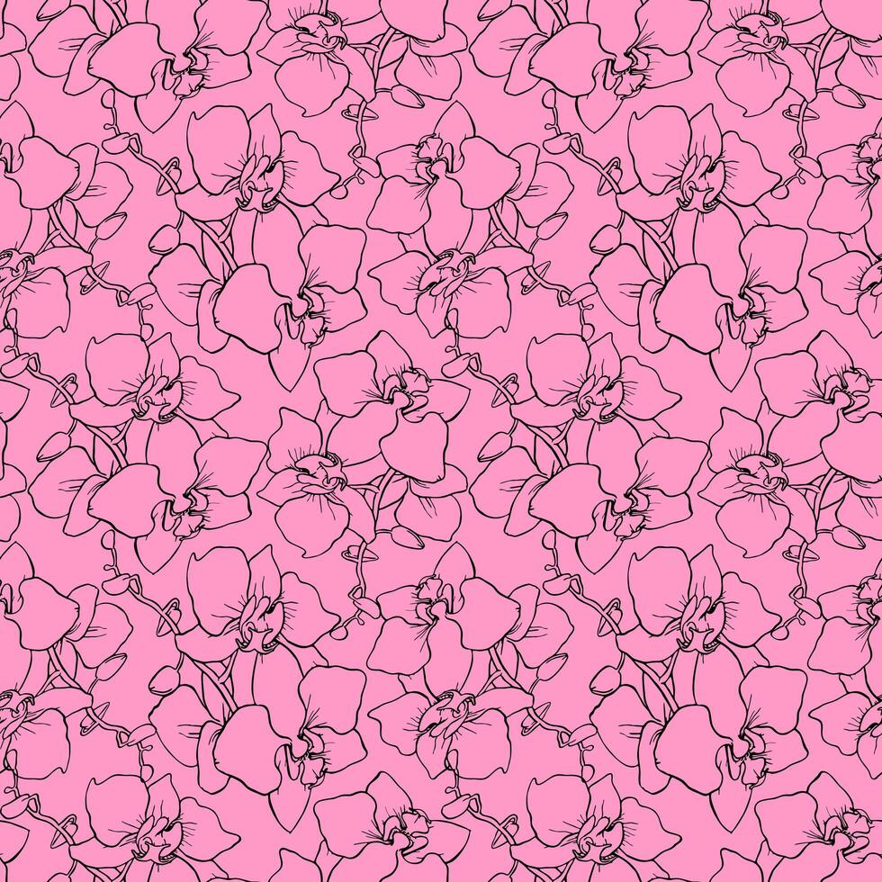 seamless pattern of large black silhouettes of orchids on a pink background, texture, design photo
