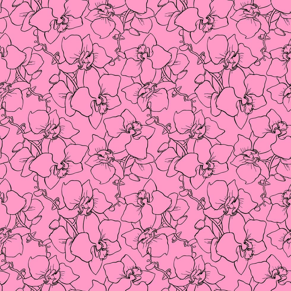 seamless pattern of large black silhouettes of orchids on a pink background, texture, design photo