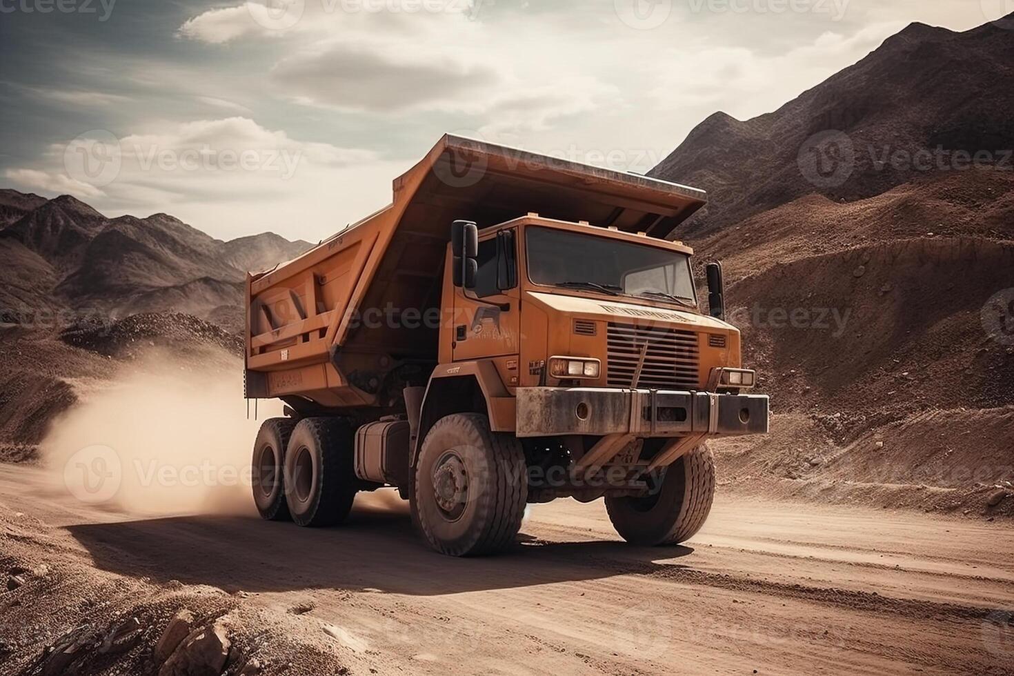 minería grande cantera tugurio camión. transporte industria. un minería camión es conducción a lo largo un montaña la carretera ilustración generativo ai foto