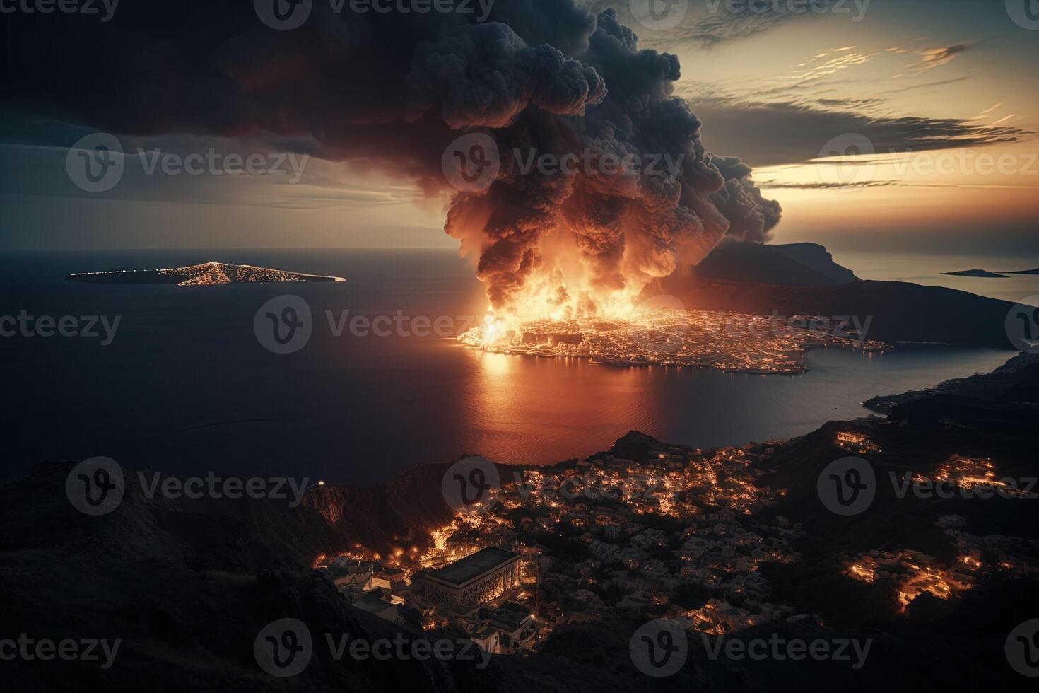Santorini Volcanic eruption on island illustration photo