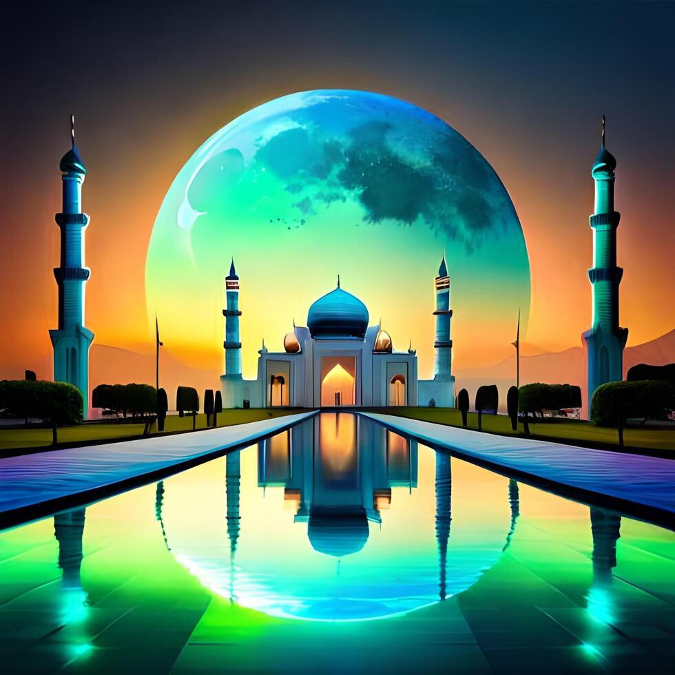 Ramadan Kareem night view background with historical mosque and moon architecture, Suleymaniye Arabian mosque in Istanbul, Turkey. . photo