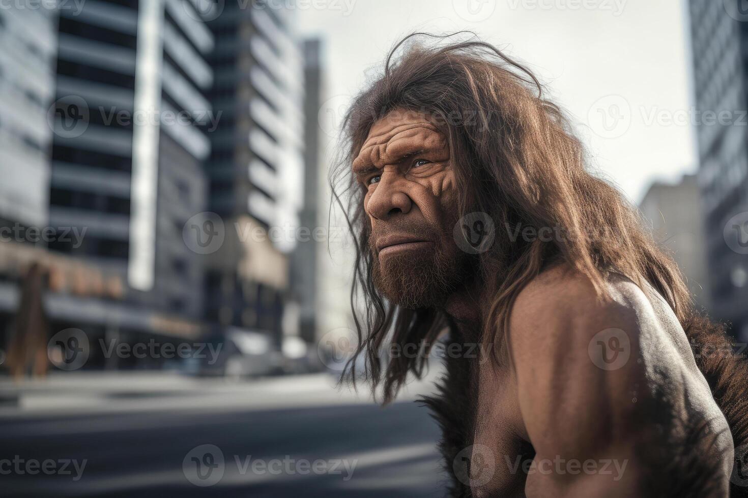 retrato de prehistórico hombre a ciudad calle en presente tiempo. generativo ai foto