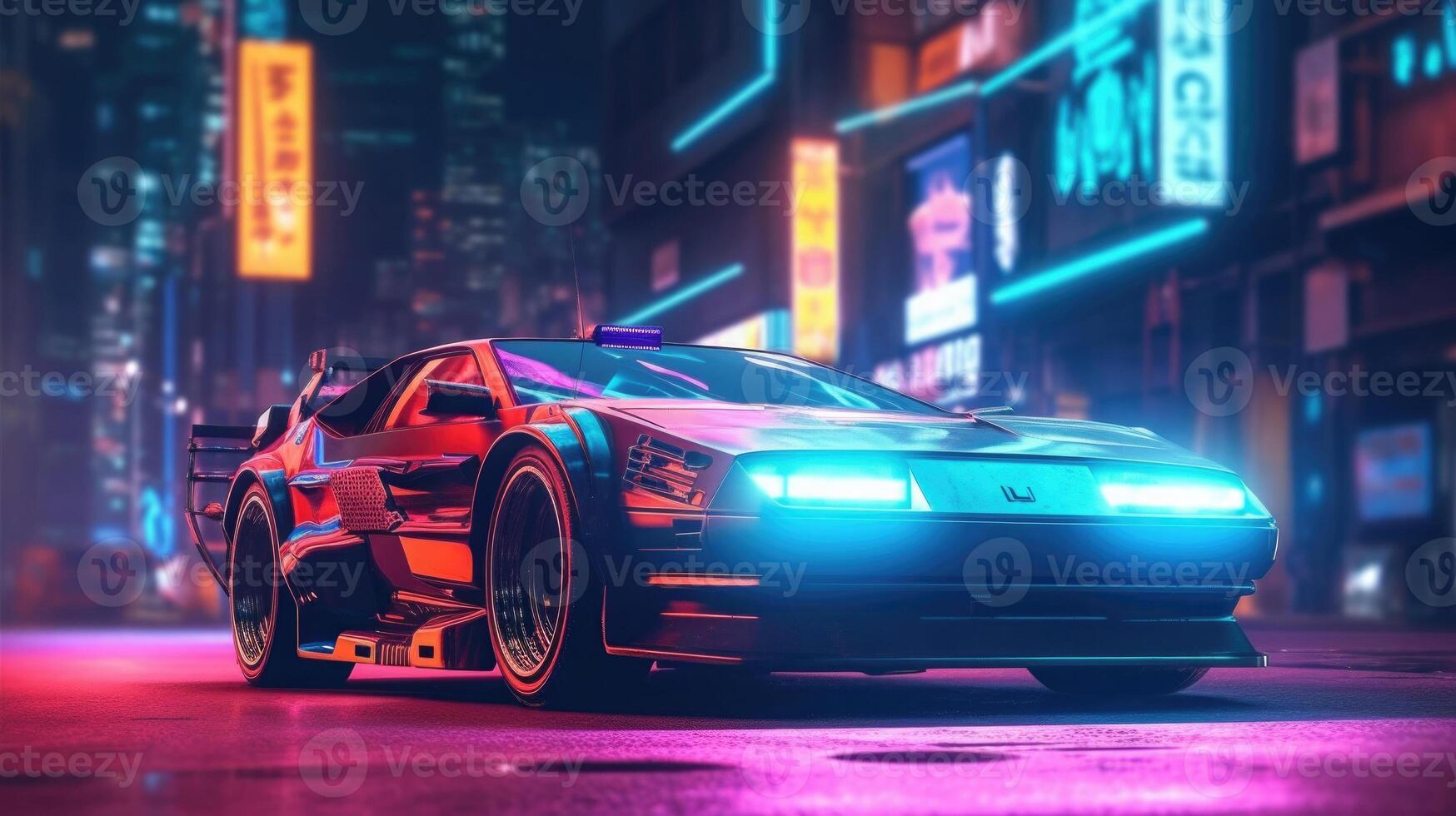 Futuristic sport car with neon lights at cyberpunk city street. photo