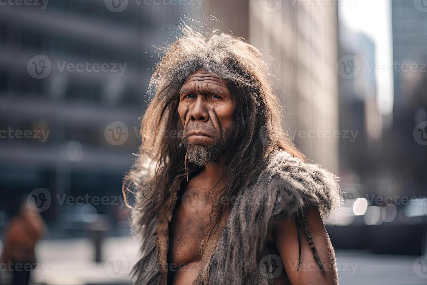 Portrait of prehistoric man at city street in present time. photo