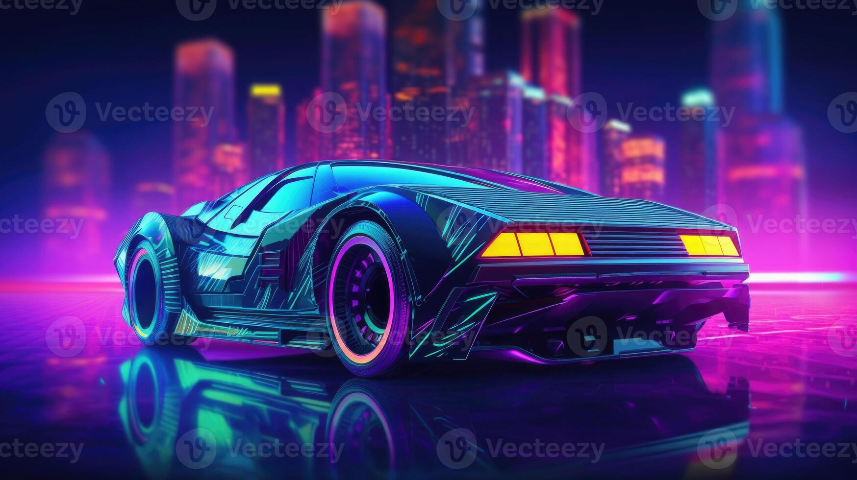 Futuristic sport car with neon lights at cyberpunk city street. photo
