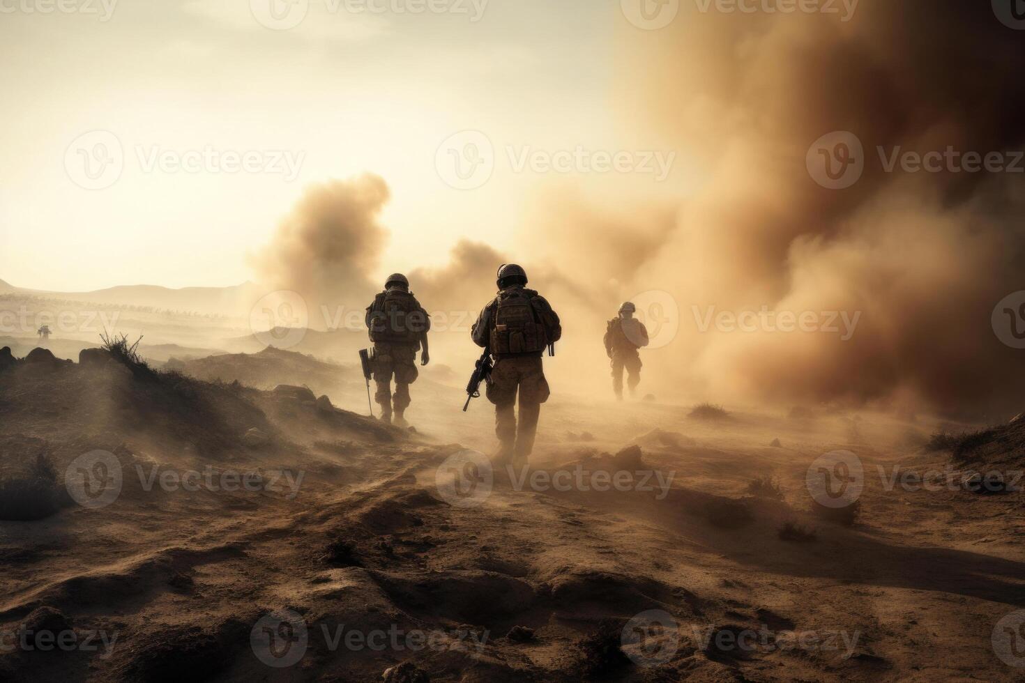 Army soldiers at war in desert. photo