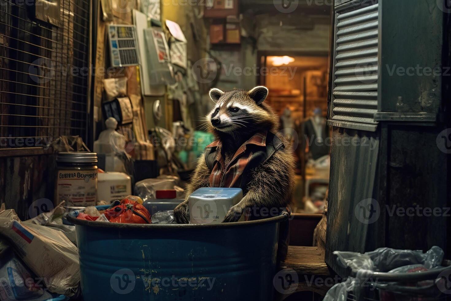 Raccoon dressed as human in junkyard rubbish deposit as a saul breaking bad character illustration photo