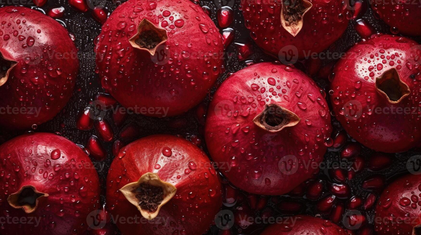 , Macro Fresh Juicy half and whole of pomegranate fruit background as pattern. Closeup photo with drops of water