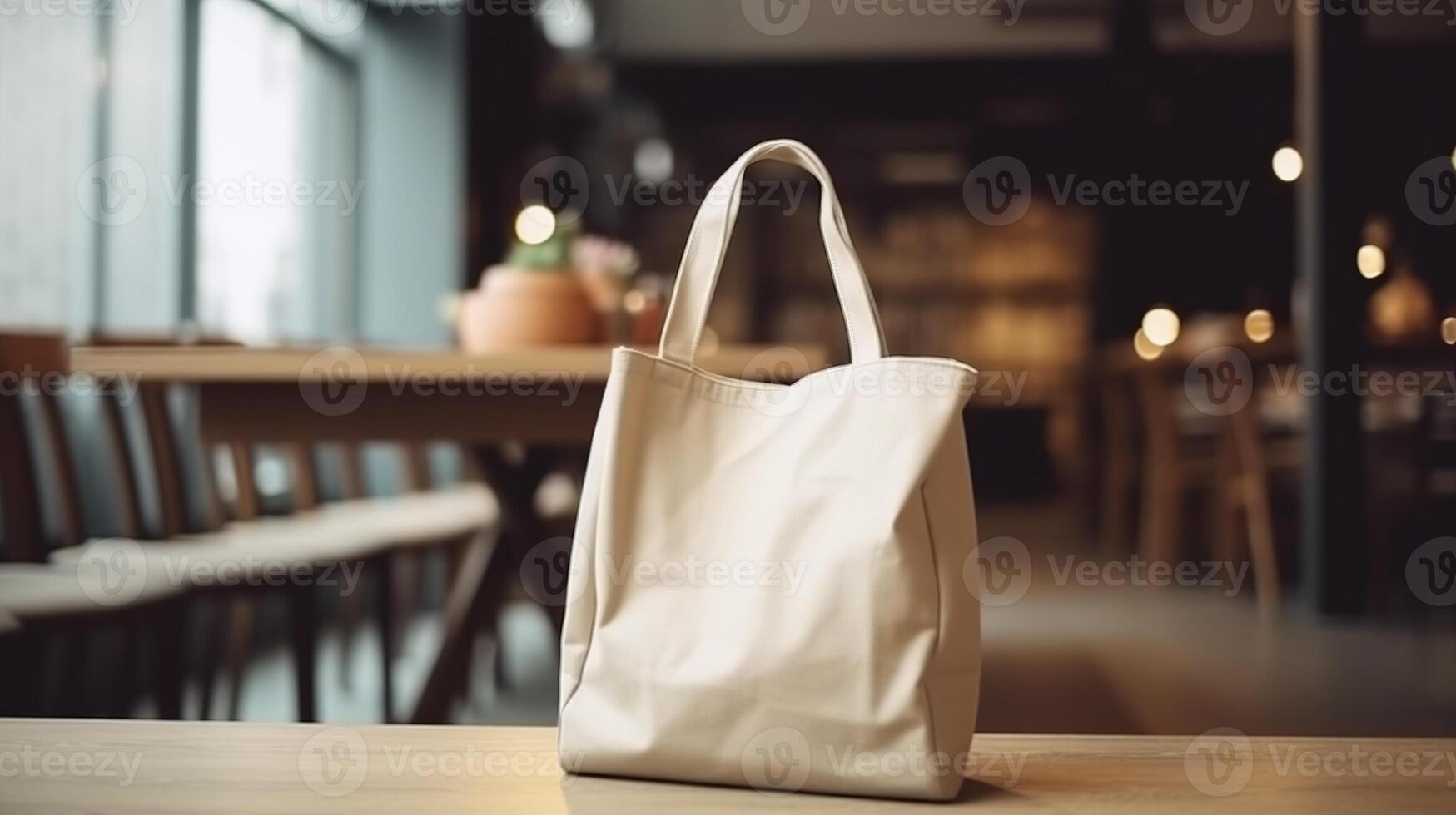 , Realistic beige tote canvas fabric bag set-up in at home interior, shopper mock up blank. photo
