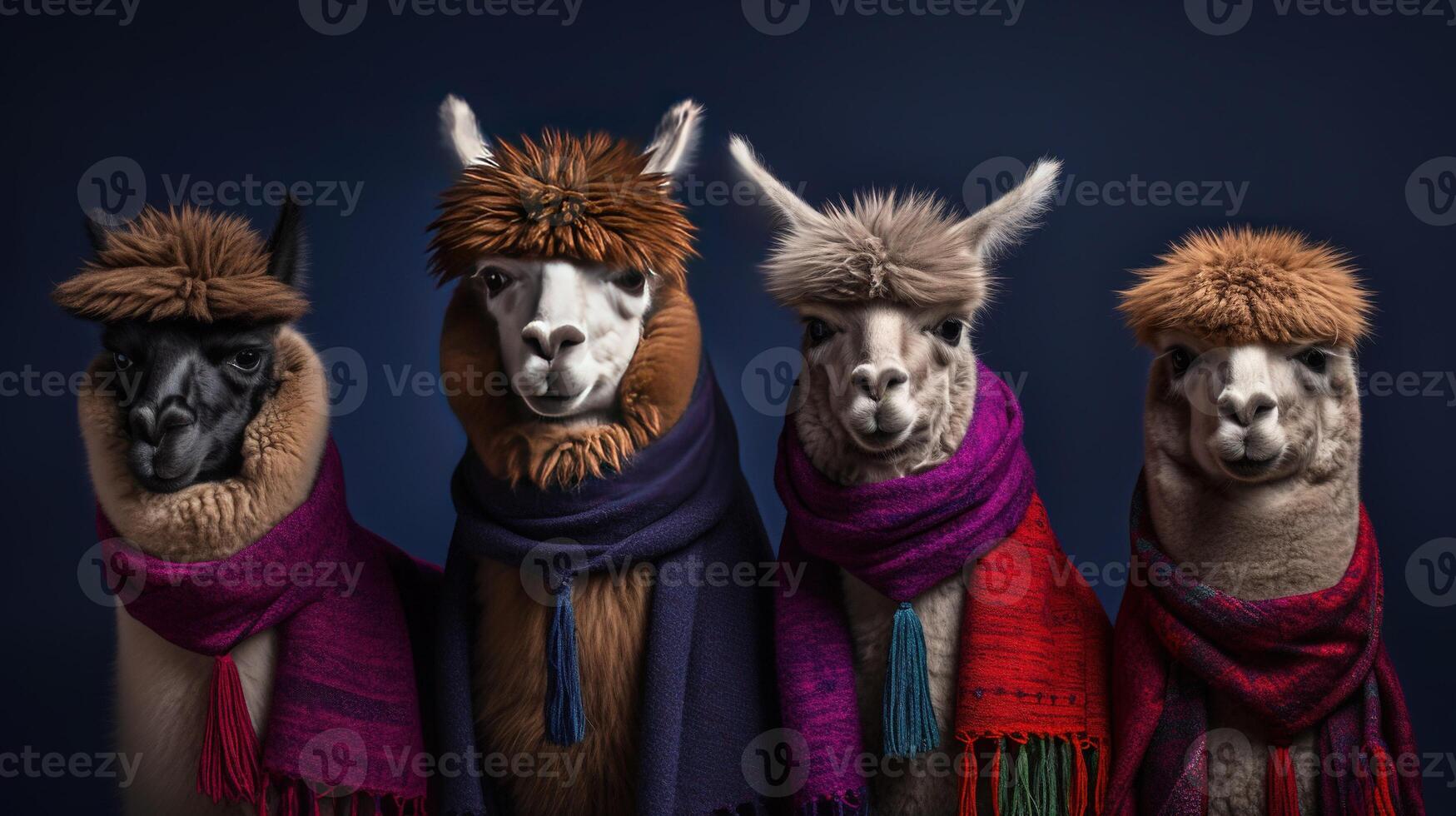 , Group of positive different colors of alpacas or lamas, funny animals. Individuality, independence, think different, creative idea, diversity and inclusive concept. photo