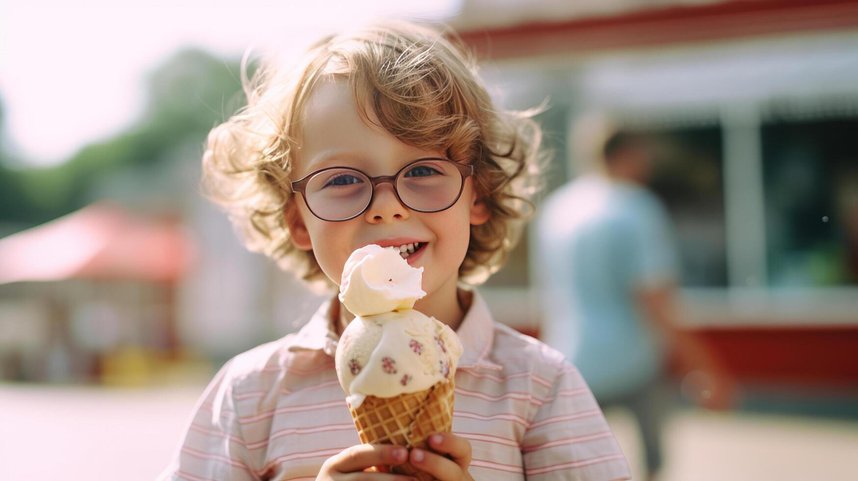 niño come hielo crema. ilustración generativo ai foto