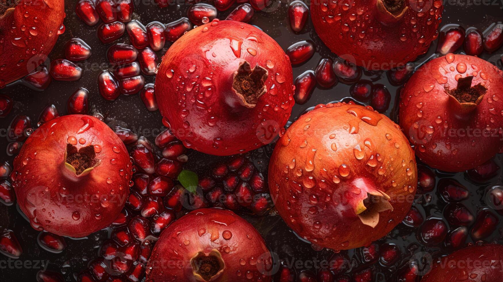 , Macro Fresh Juicy half and whole of pomegranate fruit background as pattern. Closeup photo with drops of water