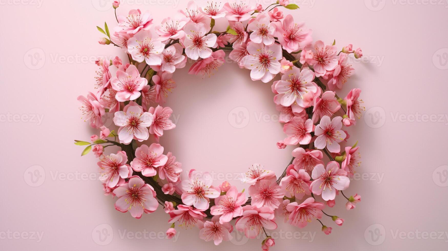 , wreath of little light pink cherry sakura flowers with copy space, natural organic floral frame photo