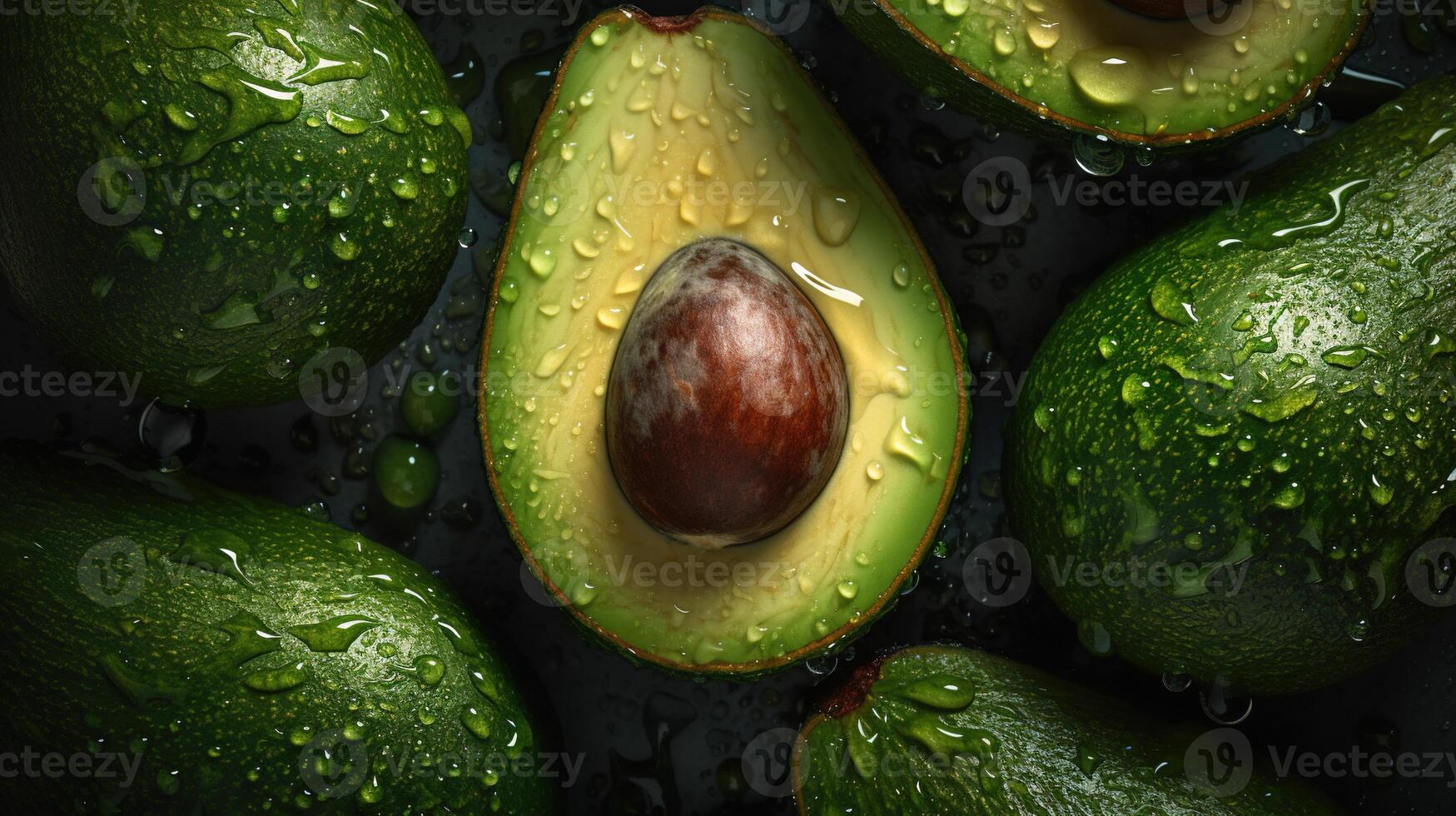 generativo ai, macro Fresco jugoso medio y todo de verde aguacate Fruta antecedentes como modelo. de cerca foto con gotas de agua