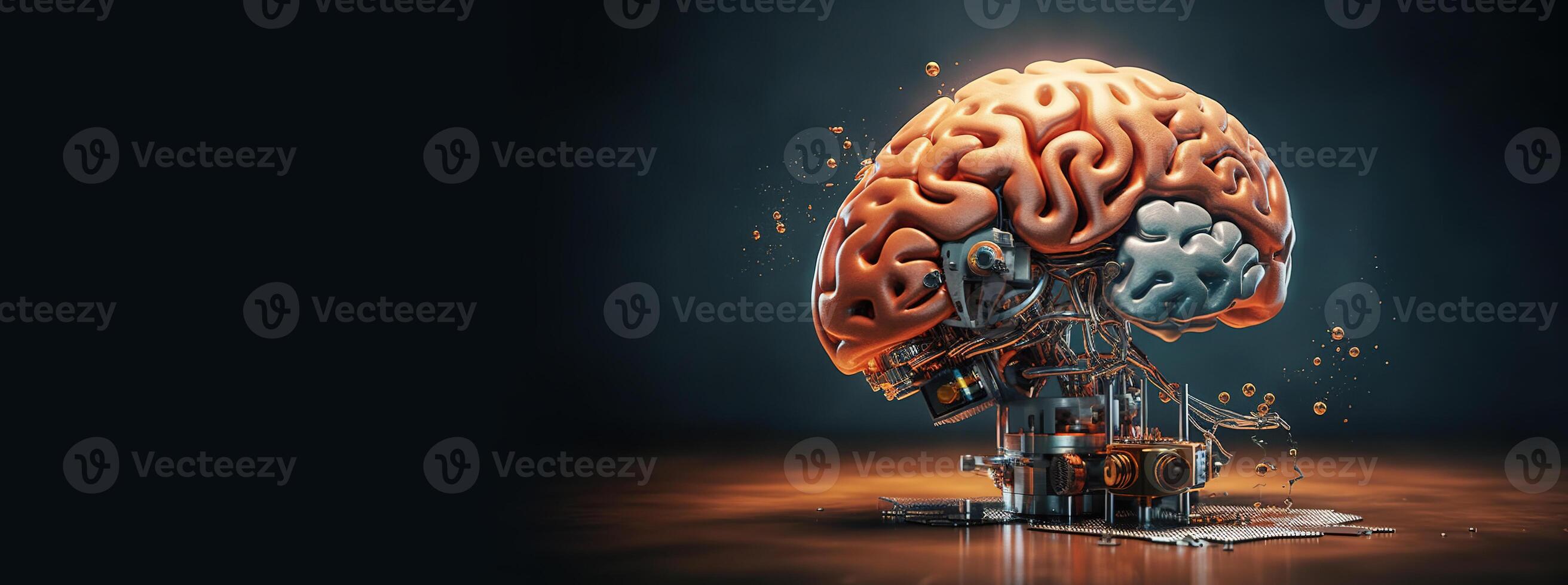 , human brain and artificial intelligence concept, big data processing, computer motherboard. Education, knowledge and creativity photo