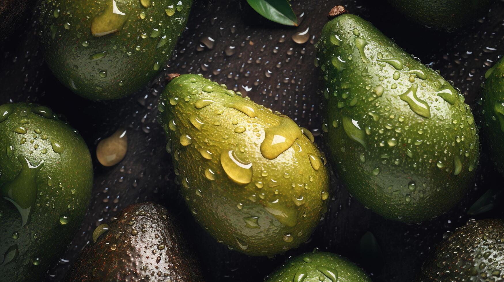 generativo ai, macro Fresco jugoso medio y todo de verde aguacate Fruta antecedentes como modelo. de cerca foto con gotas de agua