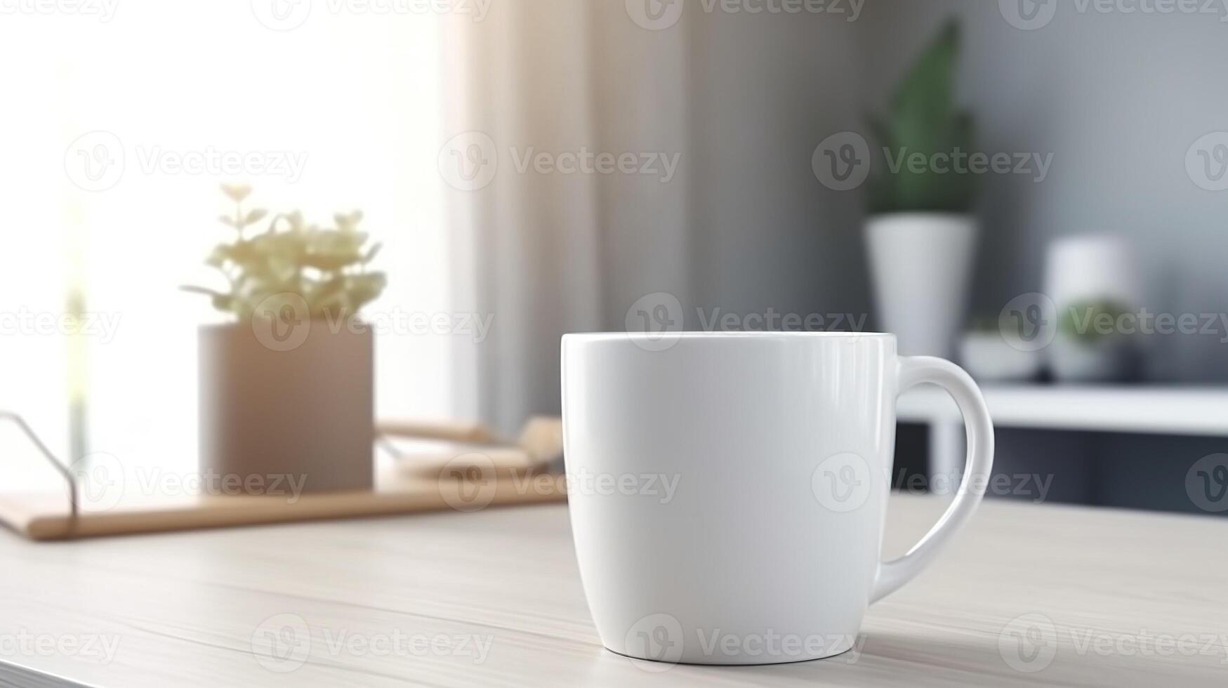 , White ceramic cup set-up in at home interior, mug mock up blank. photo