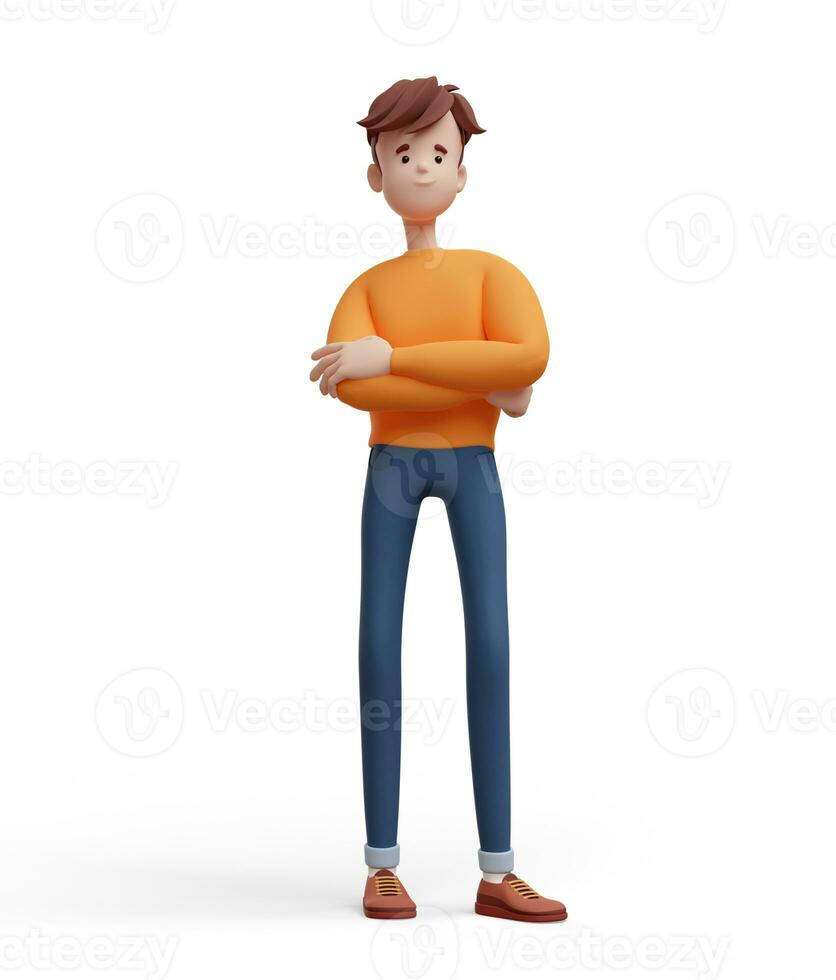 3D young positive man standing in a proud pose with arms crossed. Portrait of a funny cartoon guy in casual clothes. Minimalistic stylized character. 3D illustration on white background. photo