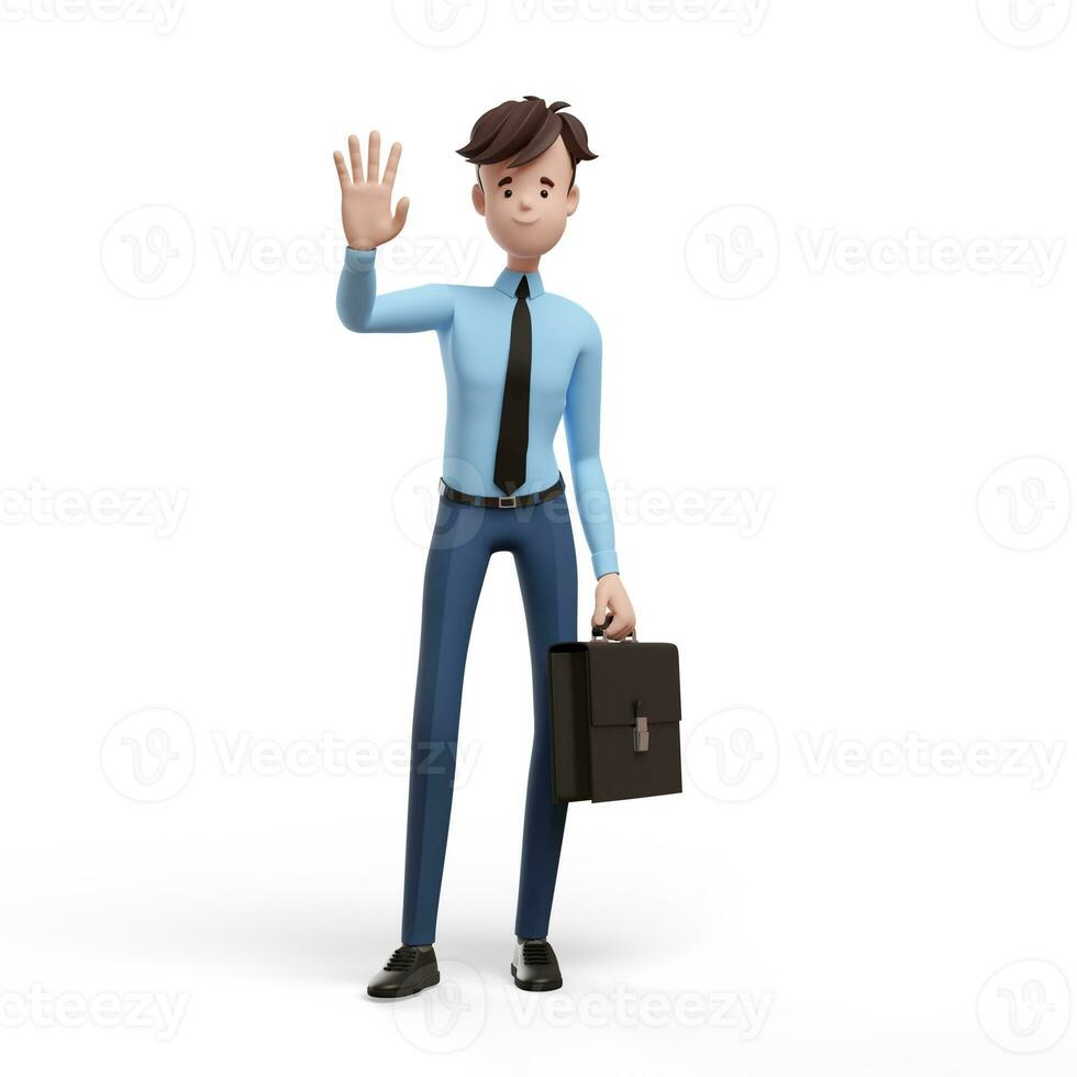 3D business man with a briefcase gesture high five or stopr. Portrait of a funny cartoon guy in a shirt and tie. 3D illustration on white background. gesture high five or stop photo