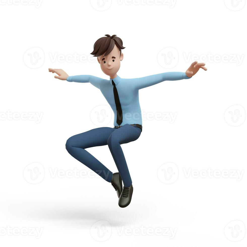 3D business man jumping. Portrait of a funny cartoon guy in a shirt and tie. Character manager, director, agent, realtor. 3D illustration on white background. photo