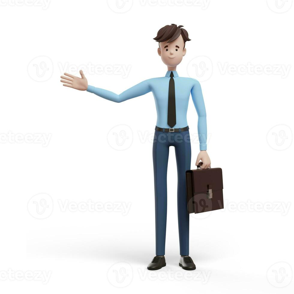 3D business man with a briefcase pointing with his hand in the direction. Portrait of a funny cartoon guy in a shirt and tie. Character manager, director, agent, realtor. 3D illustration photo