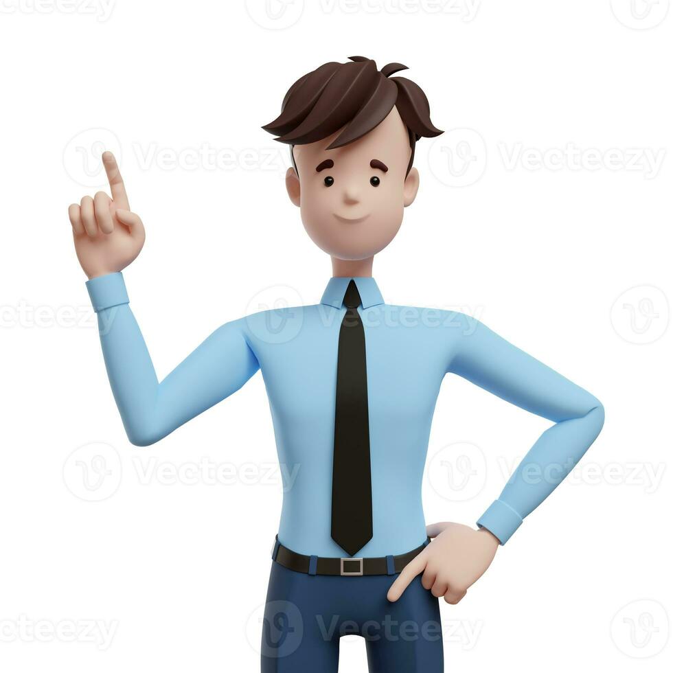 3D business man raised his index finger. Portrait of a funny cartoon guy in a shirt and tie. Character manager, director, agent, realtor. 3D illustration on white background. photo
