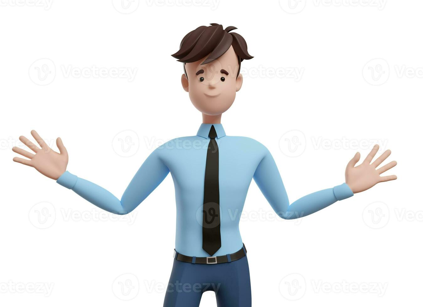 3D business man with open arms. Portrait of a funny cartoon guy in a shirt and tie. Character manager, director, agent, realtor. 3D illustration on white background. photo