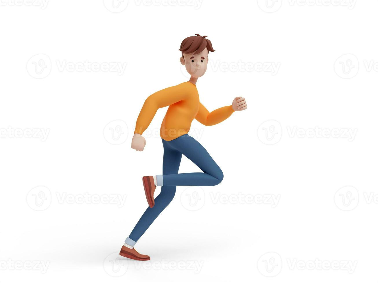 3D young positive man running. Portrait of a funny cartoon guy in casual clothes, sweater and jeans. Minimalistic stylized character. 3D illustration on white background. photo