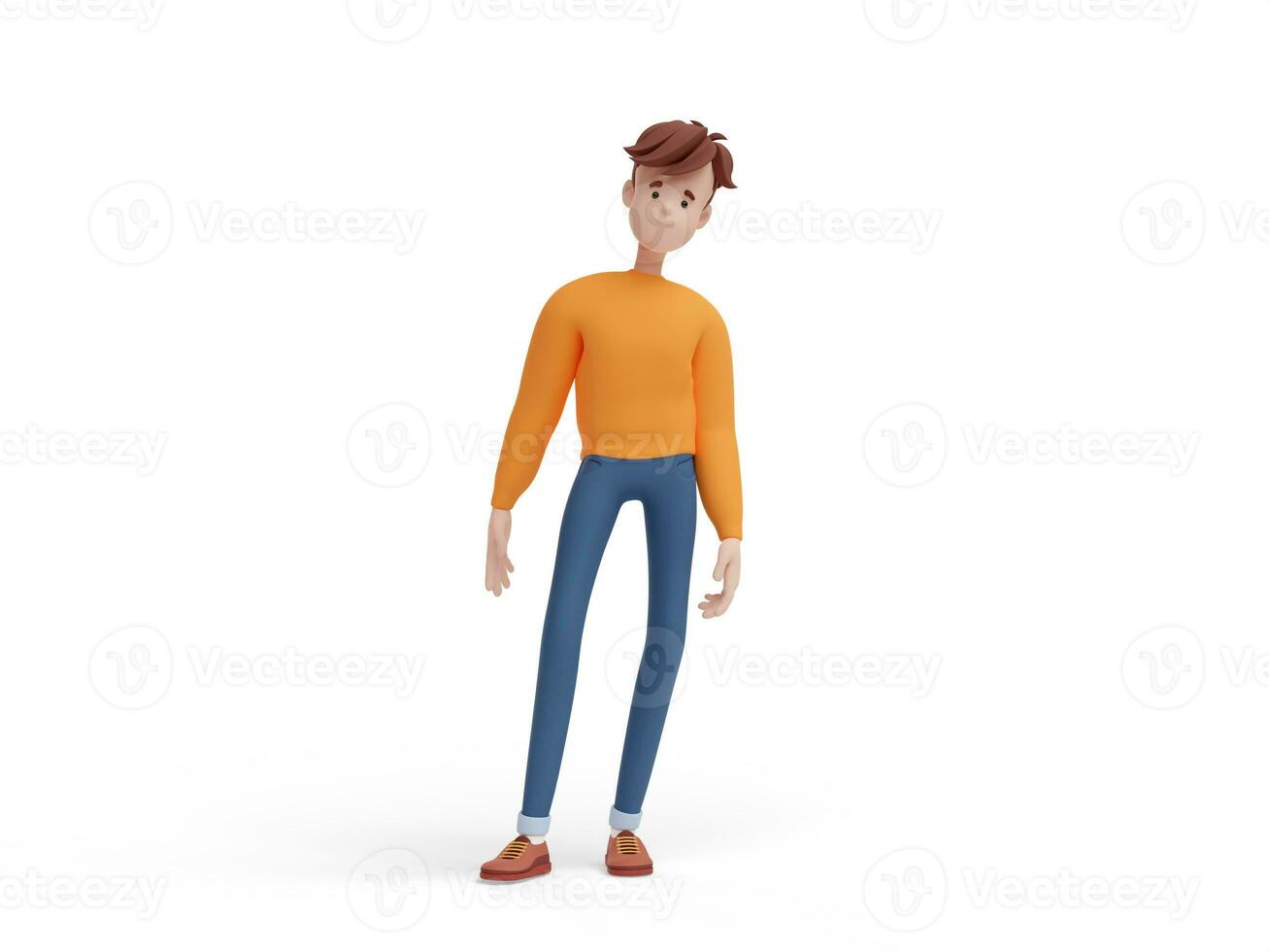 3D young positive man standing in a relaxed pose. Portrait of a funny cartoon guy in casual clothes, sweater and jeans. Minimalistic stylized character. 3D illustration on white background. photo