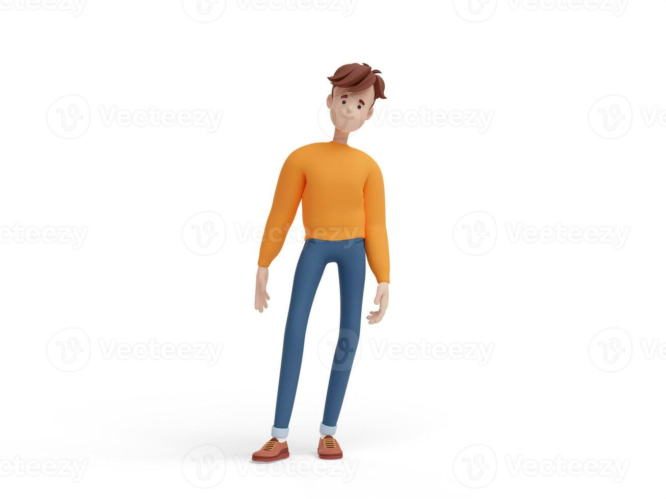 3d joven positivo hombre en pie en un relajado pose. retrato de un gracioso dibujos animados chico en casual ropa, suéter y vaqueros. minimalista estilizado personaje. 3d ilustración en blanco antecedentes. foto