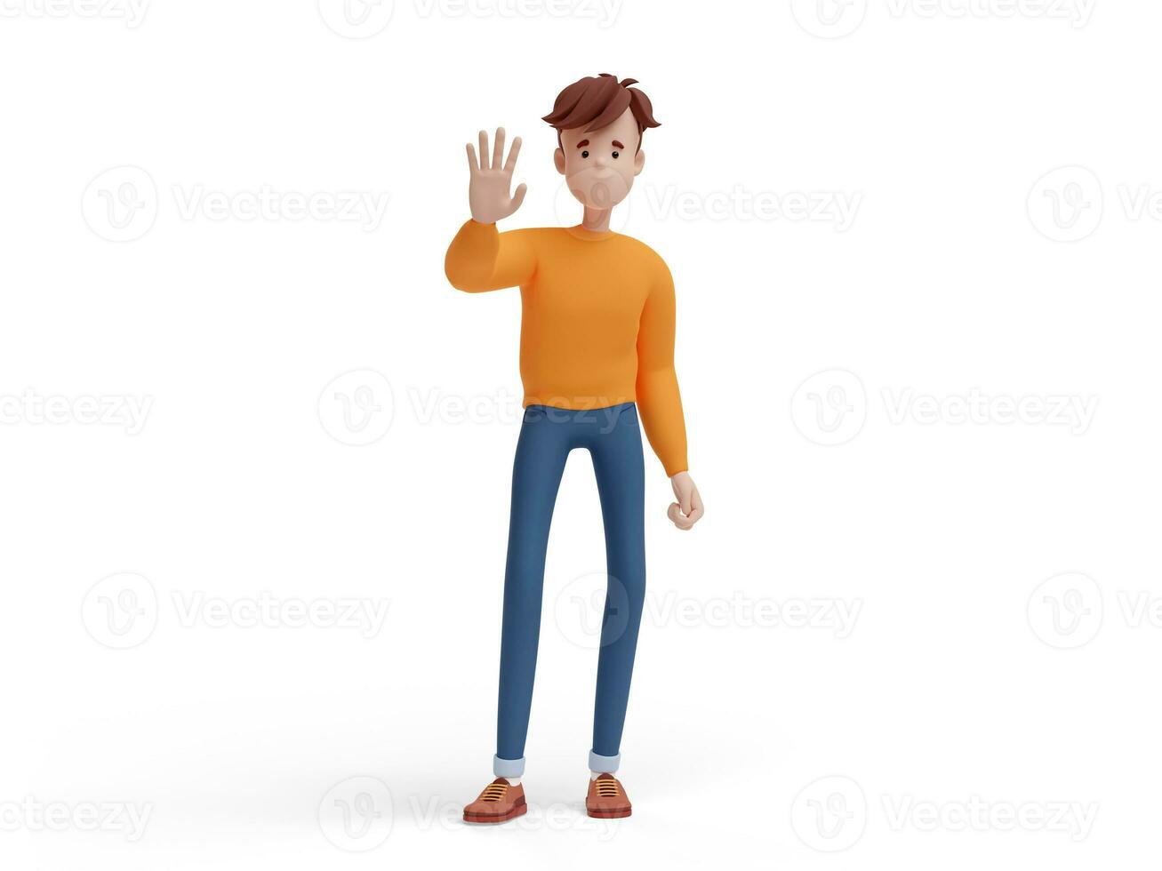 3d joven positivo hombre, gesto alto cinco o detener. retrato de un gracioso dibujos animados chico en casual ropa, suéter y vaqueros. minimalista estilizado personaje. 3d ilustración en blanco antecedentes. foto