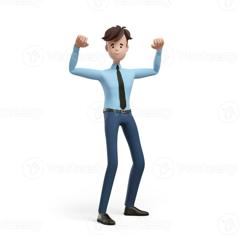 3D business man fists up like a winner, body builder. Portrait of a funny cartoon guy in a shirt and tie. Character manager, director, agent, realtor. 3D illustration on white background. photo