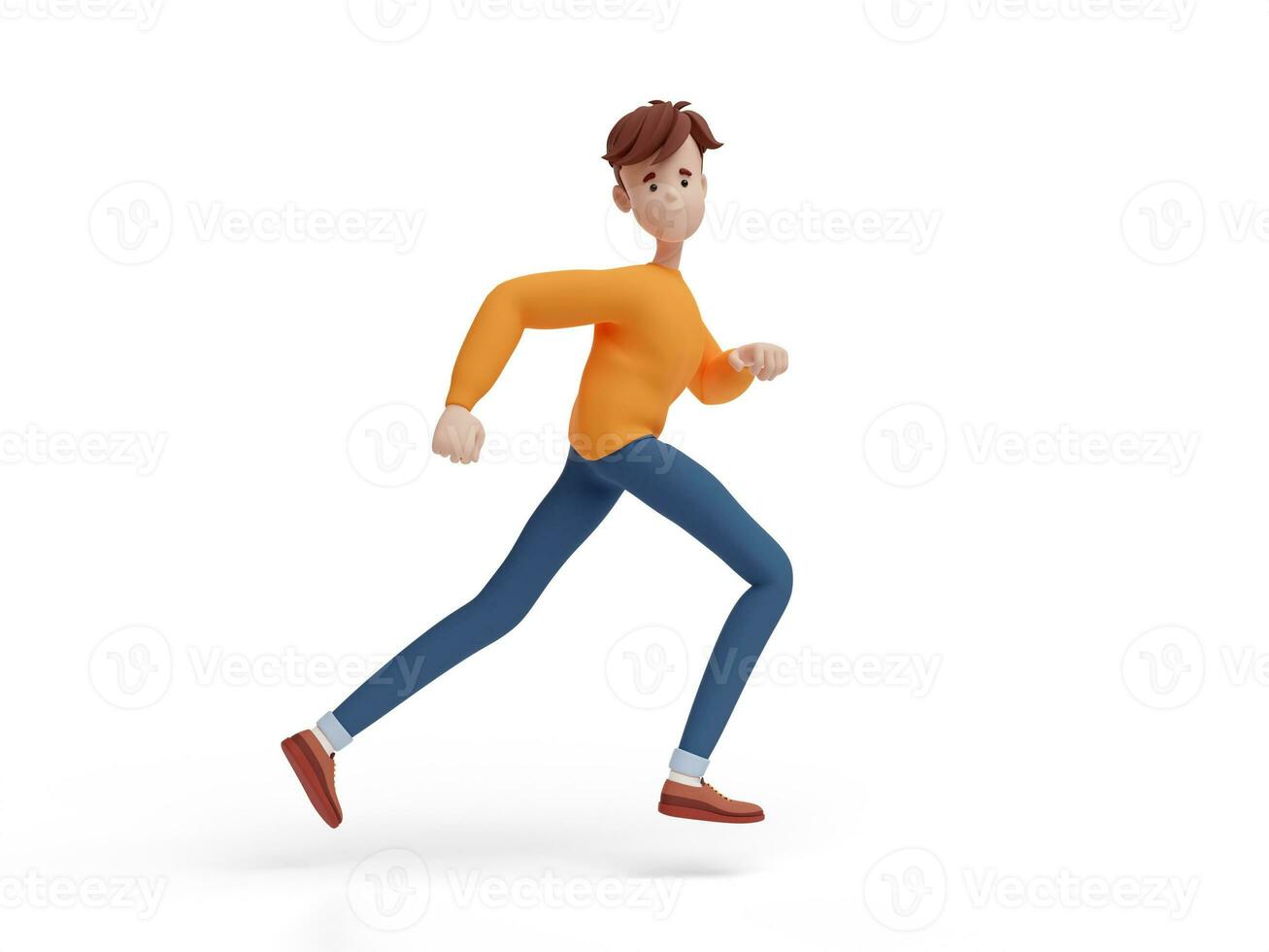 3D young positive man running. Portrait of a funny cartoon guy in casual clothes, sweater and jeans. Minimalistic stylized character. 3D illustration on white background. photo