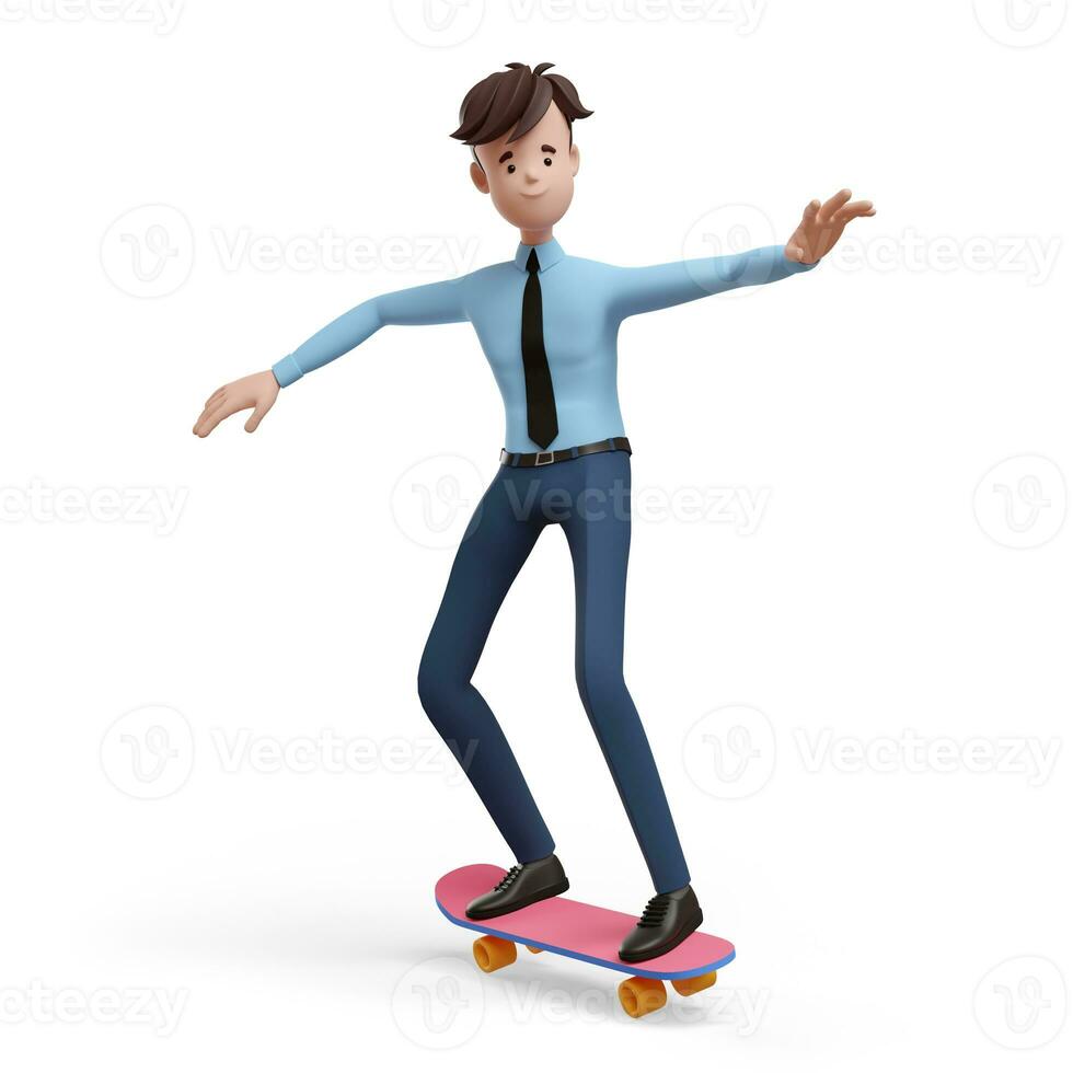 3d negocio hombre montando un patineta. retrato de un gracioso dibujos animados chico en un camisa y atar. personaje gerente, director, agente, corredor de bienes raíces. 3d ilustración en blanco antecedentes. foto